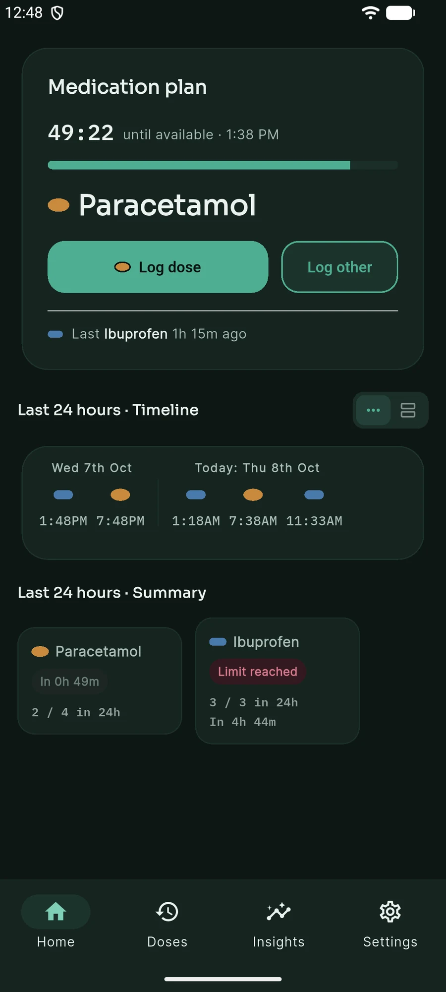 KinPace Home screen in dark mode, counting down until the next dose is available
